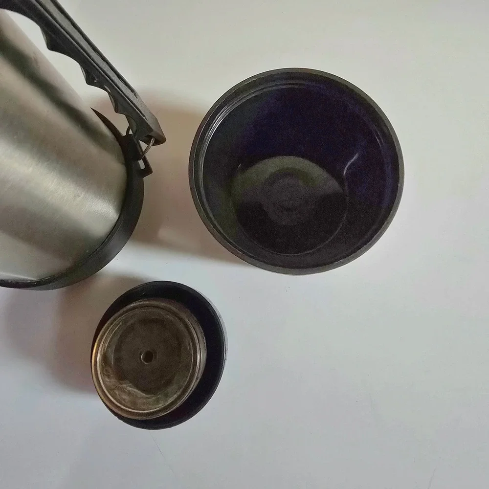 Vintage Stainless Steel Vacuum Bottle‎ Thermos w Cup Lid Stopper & Handle